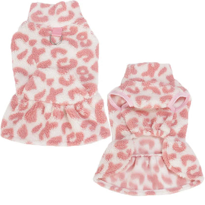 Leopard Dog Dress Coat – Winter Fleece Pullover Hoodie Vest for Small Dogs, Sleeveless Puppy Sweatshirt with Skirt Design.