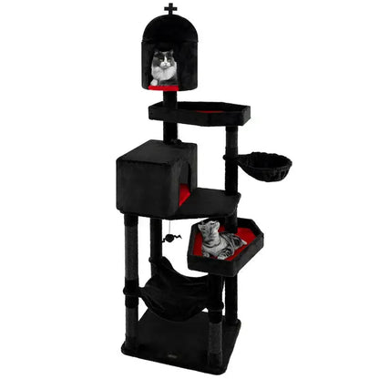 Gothic Cat Tree for Indoor Cats – Black Multi-Level Cat Tower with 2 Cat Condos, Coffin Bed & Scratching Posts.