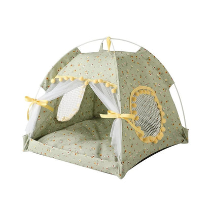Foldable Princess Pet Tent Bed with Floral Print and Removable Cushion for Cats and Small Dogs.
