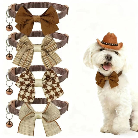 1/4PCS Winter Dog & Cat Collar Set – Adjustable Bowknot Collar with Bell and Safety Buckle for Puppies, Chihuahuas & Cats.