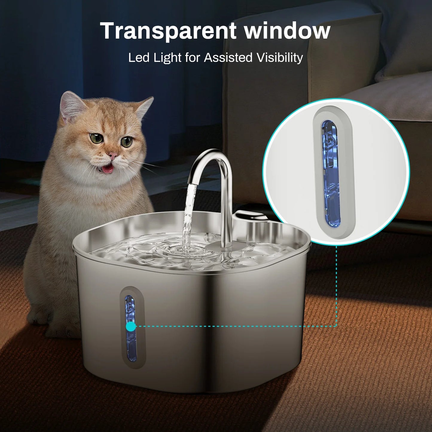 ZYFeeder 2.2L Automatic Cat Water Fountain – Stainless Steel Pet Water Dispenser for Cats & Dogs with Water Level Window (Adapter Not Included).