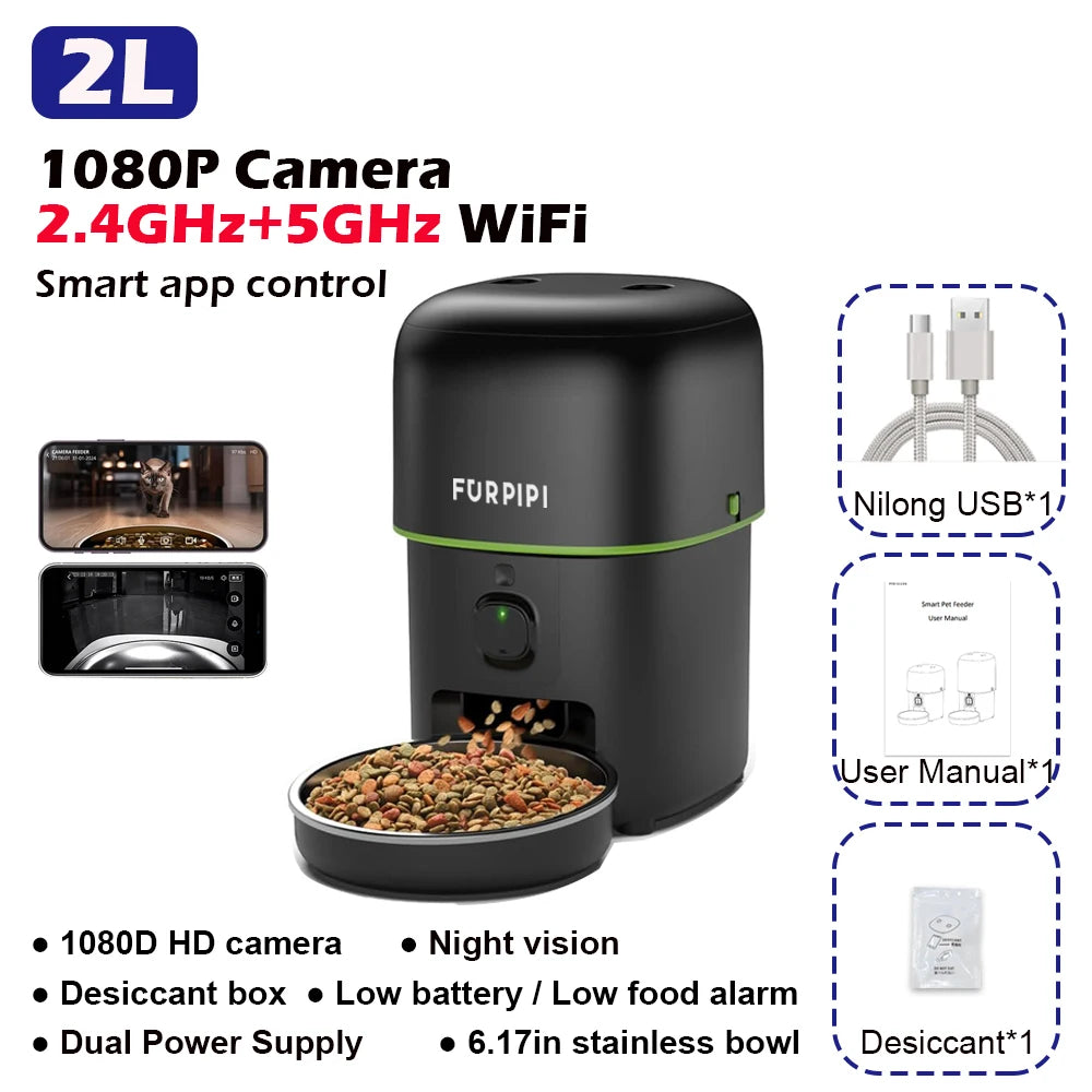 1080P HD Camera Smart Pet Feeder – 5G WiFi Automatic Kibble Dispenser with Tuya App Control for Cats & Dogs.