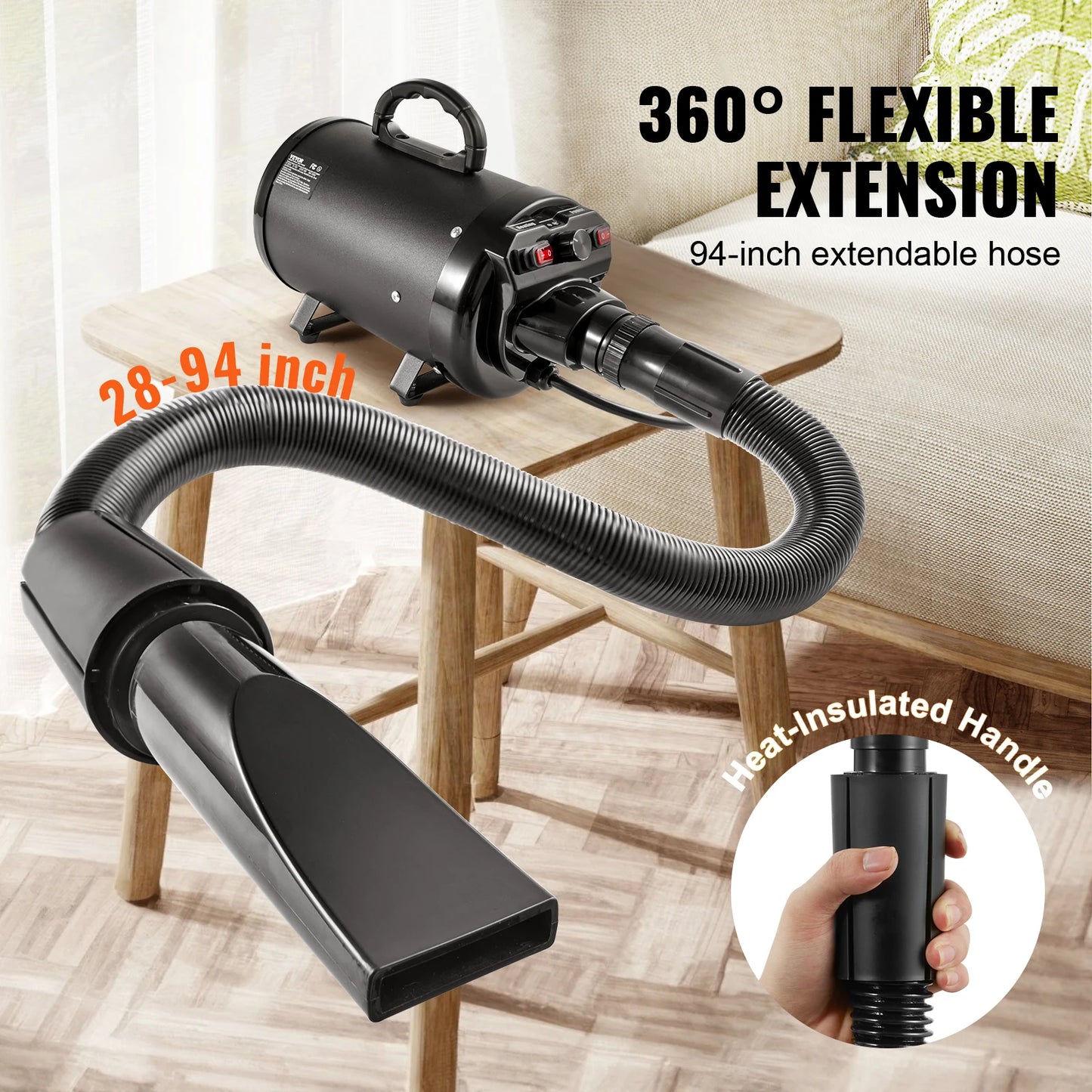 SucceBuy 2000W/2.7HP Dog Blow Dryer – Adjustable Speed & Temperature Pet Grooming Dryer with 4 Nozzles and Extendable Hose.