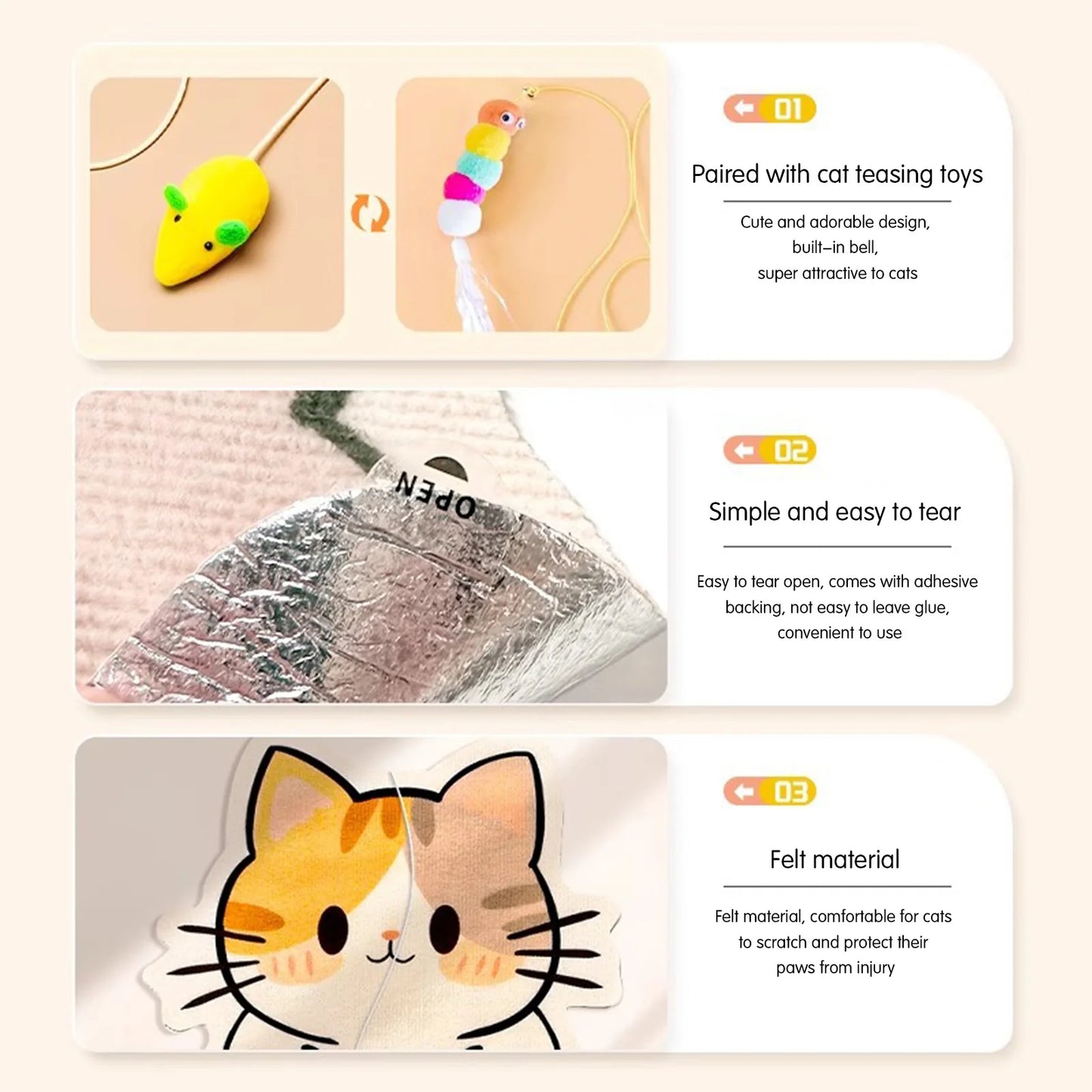 Self-Adhesive Cat Scratcher – Wall-Mounted Felt Scratch Mat with Hanging Toy, Durable Cat Scratching Pad for Cats.