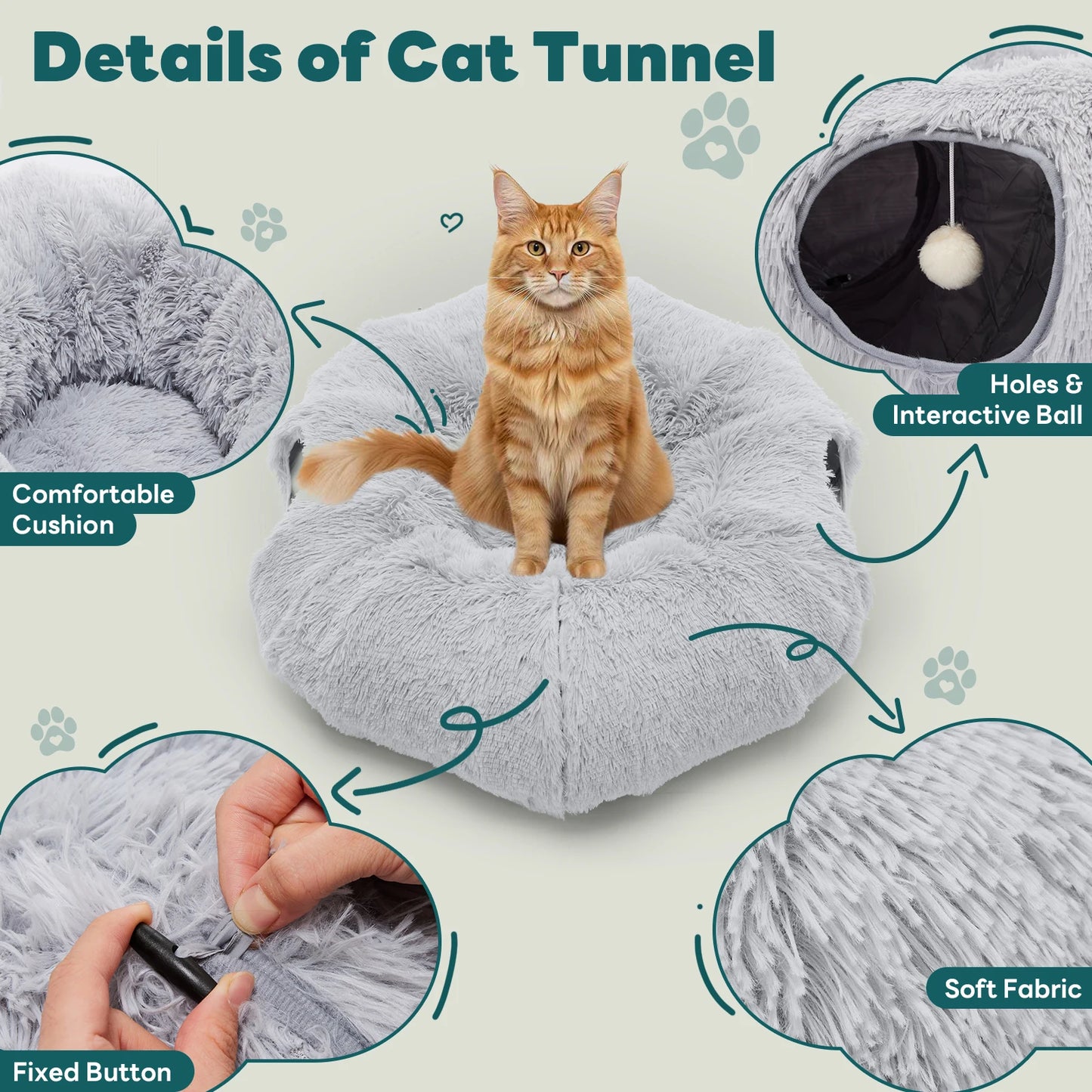 JHK Cat Tunnel Bed – Soft Plush Washable Indoor Playground & Tunnel Bed for Cats with Interactive Toy Design.