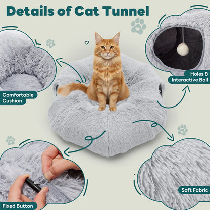 JHK Cat Tunnel Bed – Soft Plush Washable Indoor Playground & Tunnel Bed for Cats with Interactive Toy Design.