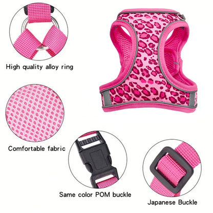 DH009 Adjustable Leopard Print Pet Harness Set – Breathable Mesh Vest Harness with 1.5m Leash, Lightweight & Skin-Friendly for Cats & Dogs.