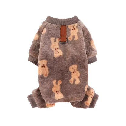 Winter Warm Fleece Dog Jumpsuit – Plush Bear & Dinosaur Pajamas for Small Dogs, Cozy Chihuahua & Poodle Pet Costume.