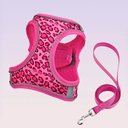 DH009 Adjustable Leopard Print Pet Harness Set – Breathable Mesh Vest Harness with 1.5m Leash, Lightweight & Skin-Friendly for Cats & Dogs.