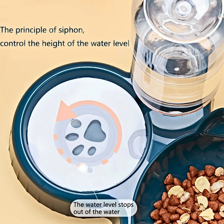 3-in-1 Tilted Pet Bowl Set – Cat Food & Water Feeder with Gravity Water Bottle, Ear-Shaped Design for Comfortable Neck Protection.