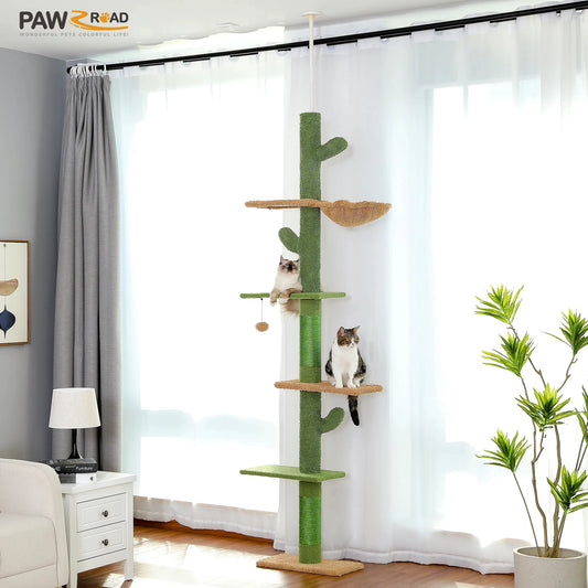 5-Tier Floor-to-Ceiling Cat Tree – Cactus-Themed Tall Cat Tower with Scratching Posts, Hammock & Dangling Ball for Indoor Cats.