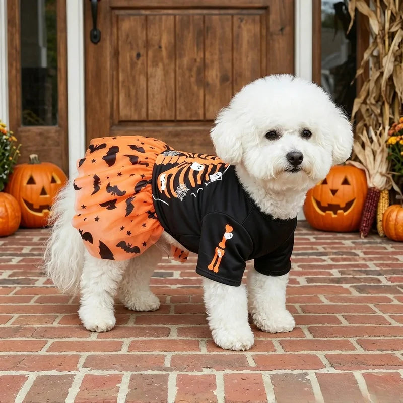 Halloween Dog Tutu Dress – Orange Skeleton, Ghost, Bat & Star Print Mesh Tulle Costume for Small & Medium Girl Dogs.