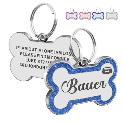 Custom Double-Sided Pet ID Tag – Glitter Name Pendant for Dogs, Anti-Lost Bone-Shaped Collar Accessory.