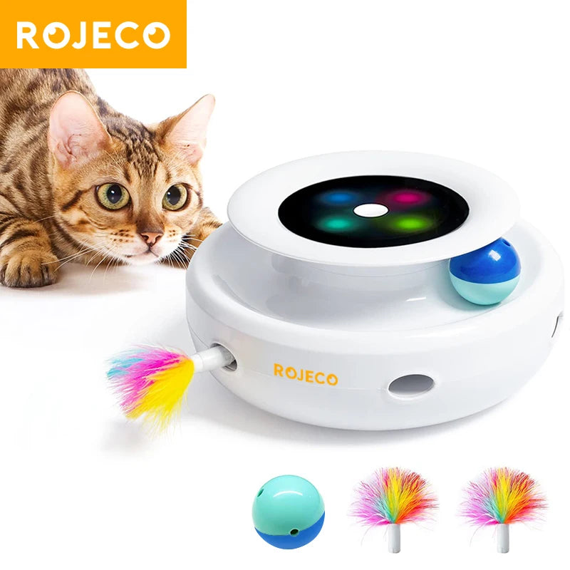 ROJECO 2-in-1 Smart Cat Toy Set – Automatic Feather & Rolling Ball Interactive Electronic Toy with 5 Play Modes for Cats.