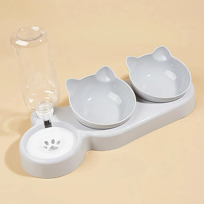 3-in-1 Tilted Pet Bowl Set – Cat Food & Water Feeder with Gravity Water Bottle, Ear-Shaped Design for Comfortable Neck Protection.