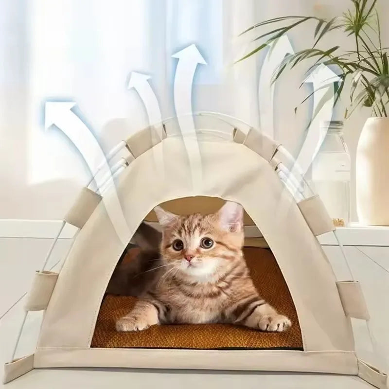 Portable Cat Tent Bed – Breathable Oxford Pet House with Double-Sided Cooling Mat, Summer Cat Cave for Indoor & Outdoor Cats & Small Dogs