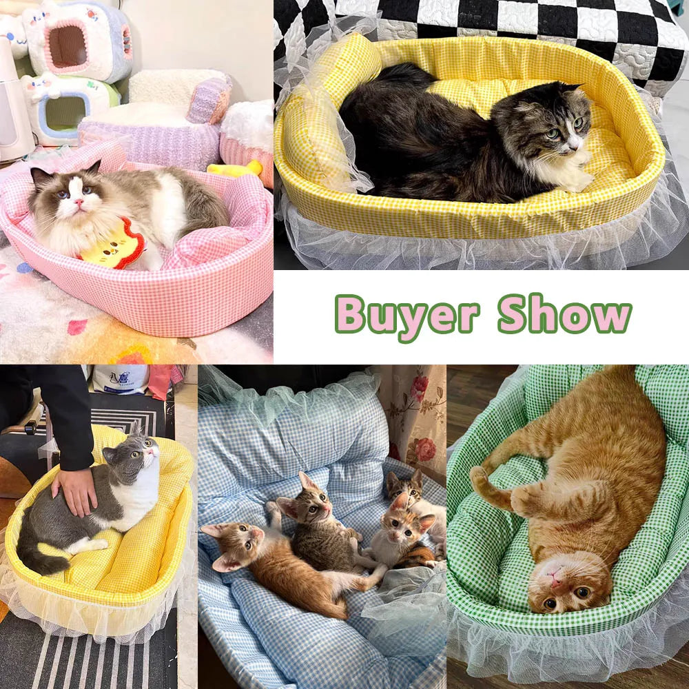Cute Lace-Trimmed Pet Sofa Bed – Washable Removable Plush Oval Cushion for Cats & Small Dogs, Four-Season Princess-Style Sleeping Bed.