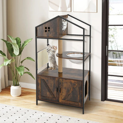 Industrial Cat Tree with Litter Box Enclosure – Multi-Level Cat Condo Furniture with Scratching Posts for Indoor Cats, Rustic Brown.