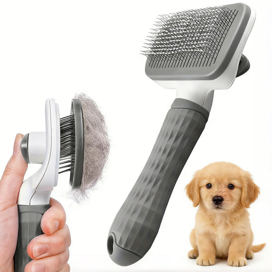 Pet Grooming Brush with One-Click Hair Removal – Bent Needle Massage Comb for Dogs & Cats