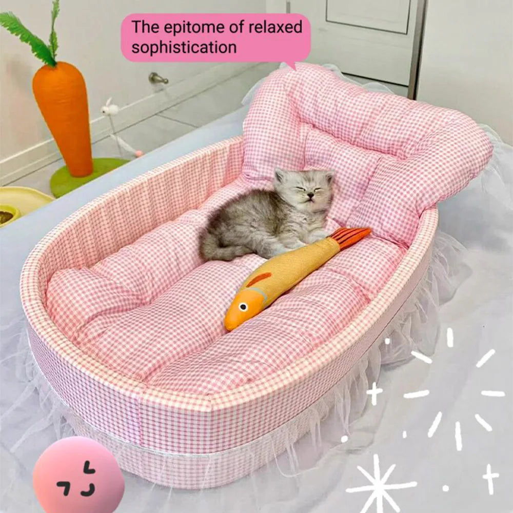 Cute Lace-Trimmed Pet Sofa Bed – Washable Removable Plush Oval Cushion for Cats & Small Dogs, Four-Season Princess-Style Sleeping Bed.