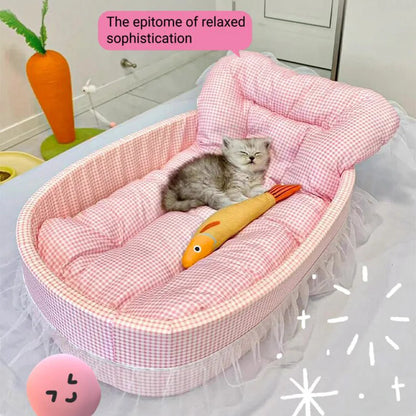 Cute Lace-Trimmed Pet Sofa Bed – Washable Removable Plush Oval Cushion for Cats & Small Dogs, Four-Season Princess-Style Sleeping Bed.