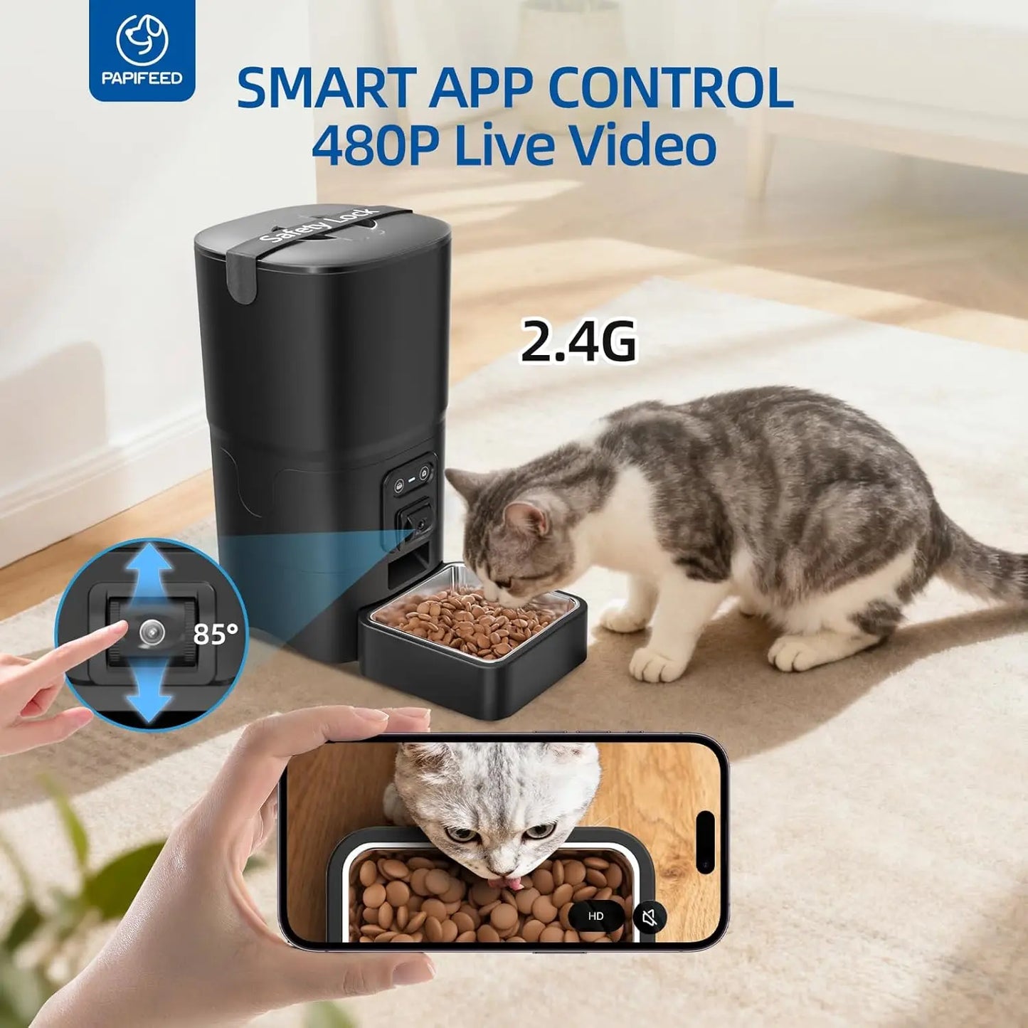 Automatic Cat Feeder with Camera – WiFi-Enabled, Two-Way Audio, Adjustable Angle, Easy-to-Clean Feeder for Cats & Small Dogs, Black.