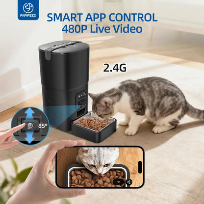 Automatic Cat Feeder with Camera – WiFi-Enabled, Two-Way Audio, Adjustable Angle, Easy-to-Clean Feeder for Cats & Small Dogs, Black.
