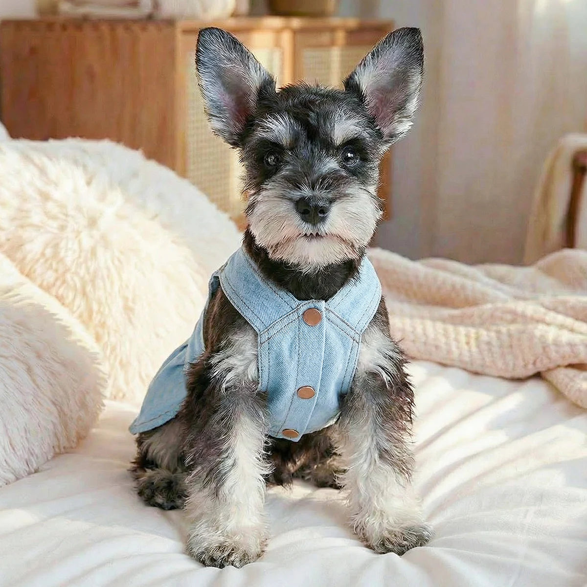 Retro Denim Pet Dress – Stylish Badge Skirt for Cats & Small Dogs, Cute Summer Outfit for Outdoor Adventures.