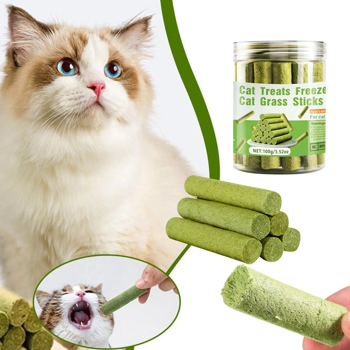 16-Pack Freeze-Dried Cat Grass Sticks, Natural Teething Chews for Hairball Control, Dental Cleaning & Healthy Cat Treats.