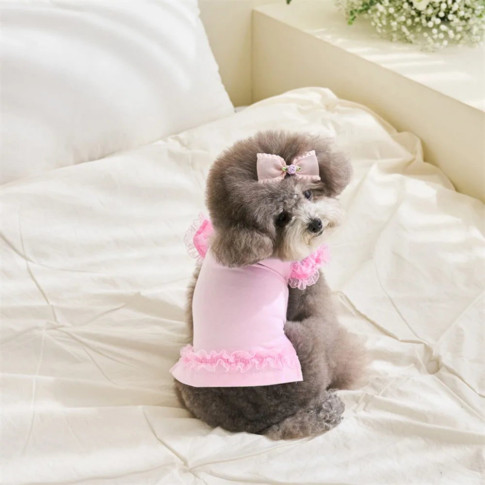 Lace Pet Summer Vest Dress – Soft Breathable Flying Sleeve Outfit for Cats & Dogs, Cute Puppy Base Skirt Clothing.
