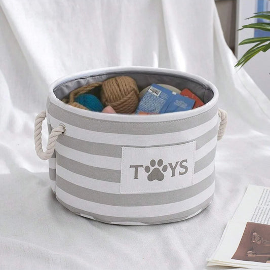 Foldable Striped Pet Toy Storage Basket with Woven Rope Handles