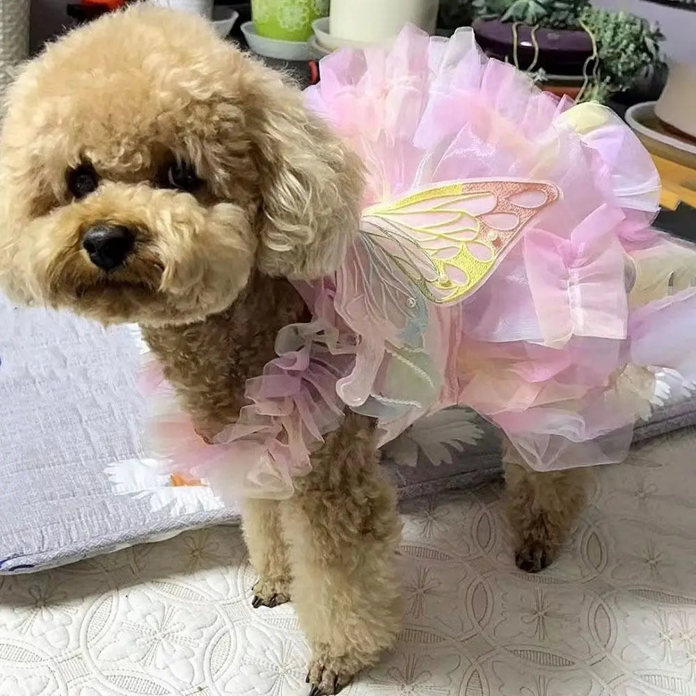 Colorful Butterfly Princess Pet Dress – Breathable Soft Wedding Skirt Outfit for Dogs & Cats, Cute Clothing for Special Occasions.