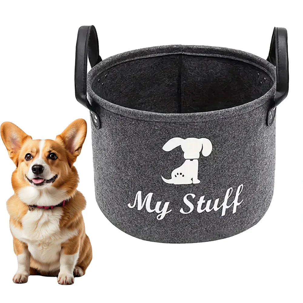 Felt Pet Toy Storage Basket for Toys, Blankets, Leashes, and Food.