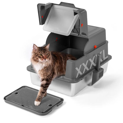 Extra Large Stainless Steel Cat Litter Box – Enclosed Odor-Control Metal Litter Box with Lid & 135° Flip-Top Covered Design.