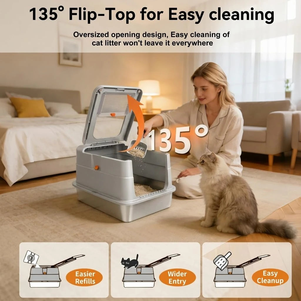 Extra Large Stainless Steel Cat Litter Box – Enclosed Odor-Control Metal Litter Box with Lid & 135° Flip-Top Covered Design.