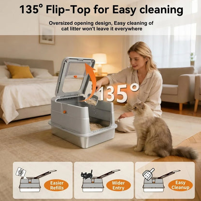 Extra Large Stainless Steel Cat Litter Box – Enclosed Odor-Control Metal Litter Box with Lid & 135° Flip-Top Covered Design.