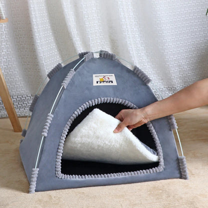 Foldable Pet House Tent – Portable Four-Season Cat & Dog Nest with Breathable Design and Cooling Mat for Indoor & Outdoor Use.