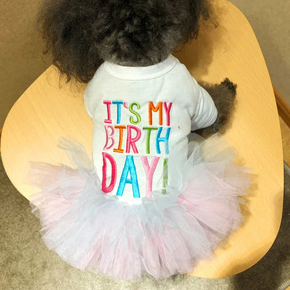 Layered Rainbow Veil Pet Dress – Princess Summer Outfit with Short Sleeves for Small Dogs & Cats, Perfect for Birthdays and Special Occasions.