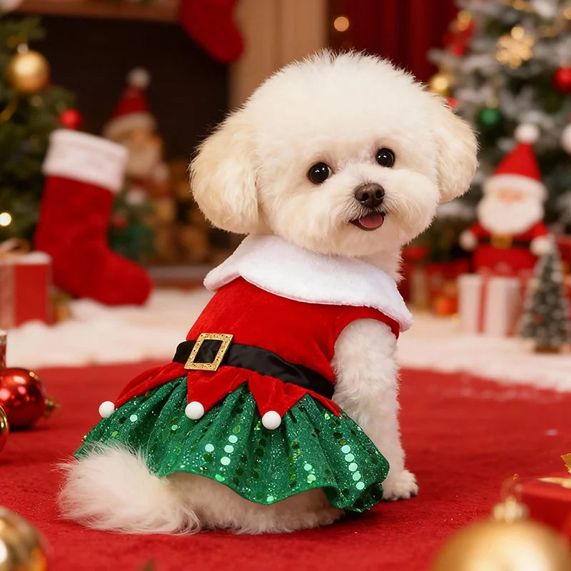 Christmas Dog Dress – Santa Print Holiday Gown with Green Sequin Skirt & Black Waist Belt for Yorkies, Chihuahuas & Small Dogs.
