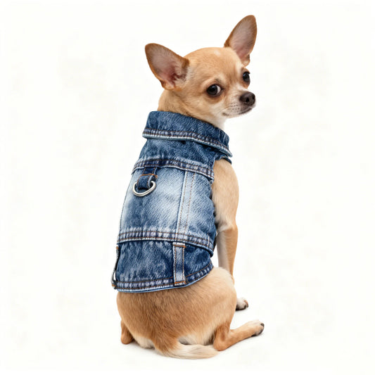 Dog Denim Jean Jacket – Cool Washable Harness Vest Outfit for Small Dogs, Puppies & Cats.