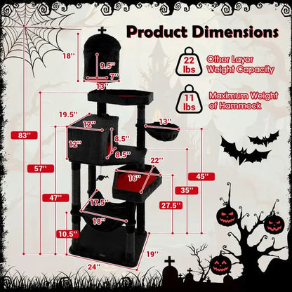 Gothic Cat Tree for Indoor Cats – Black Multi-Level Cat Tower with 2 Cat Condos, Coffin Bed & Scratching Posts.