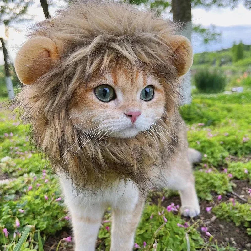 Lion Mane Pet Costume – Cute Cat Wig Hat with Ears, Funny Cosplay Outfit for Pets, Fancy Party Accessory Set.