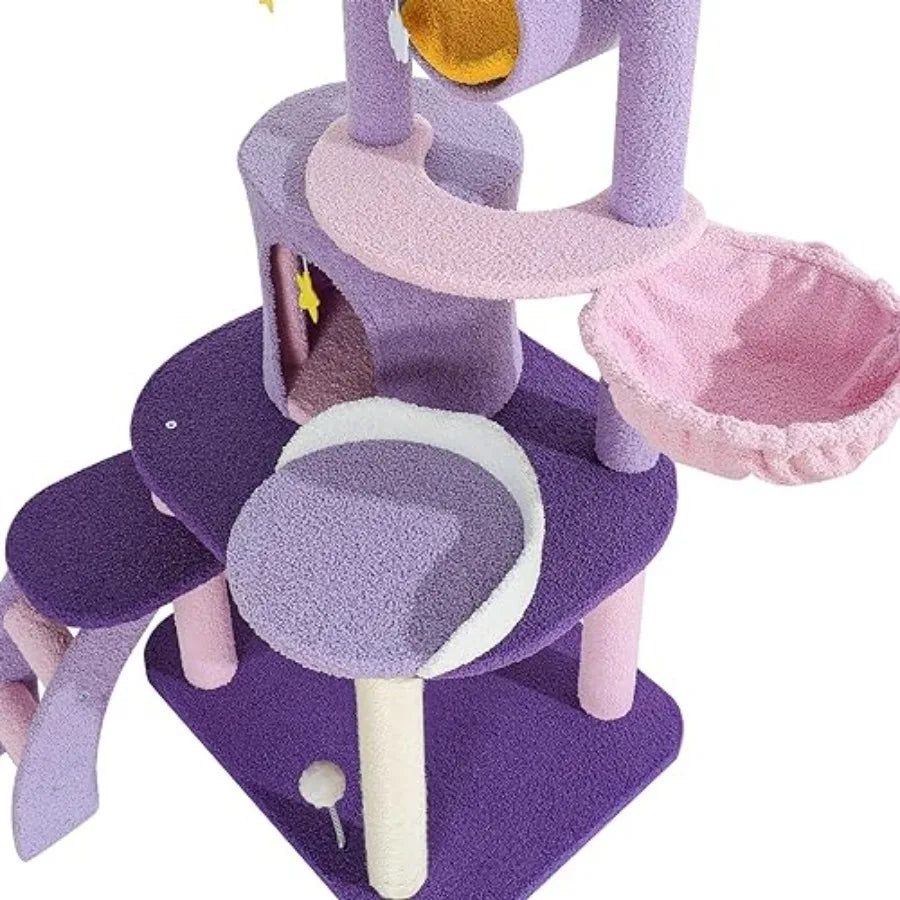 Cute 65-Inch Cat Tower – Large Pink & Purple Cloud-Themed Cat Tree Castle Condo Mansion for Indoor Cats.
