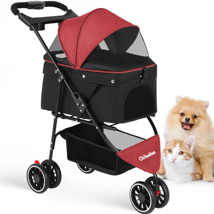 3-Wheel Pet Stroller – Foldable Travel Carrier with Breathable Mesh Canopy for Small & Medium Dogs & Cats, Ideal for Outdoor Travel.