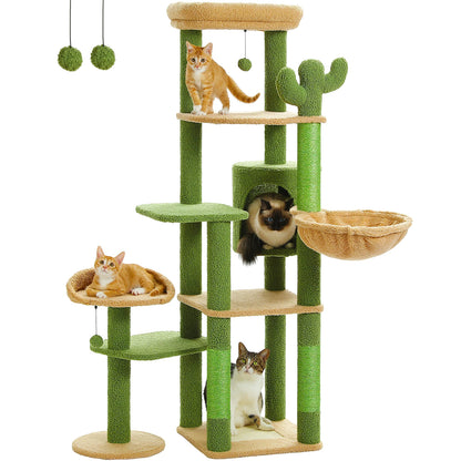 Multi-Level Cat Tree Tower – Tall Indoor Cat Condo with Scratching Posts, Hammock, Large Perches & Hanging Ball Toys for Cats.