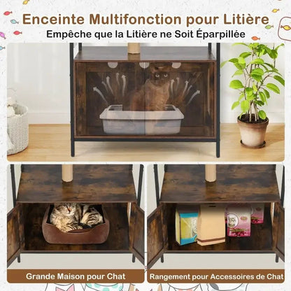 Industrial Cat Tree with Litter Box Enclosure – Multi-Level Cat Condo Furniture with Scratching Posts for Indoor Cats, Rustic Brown.