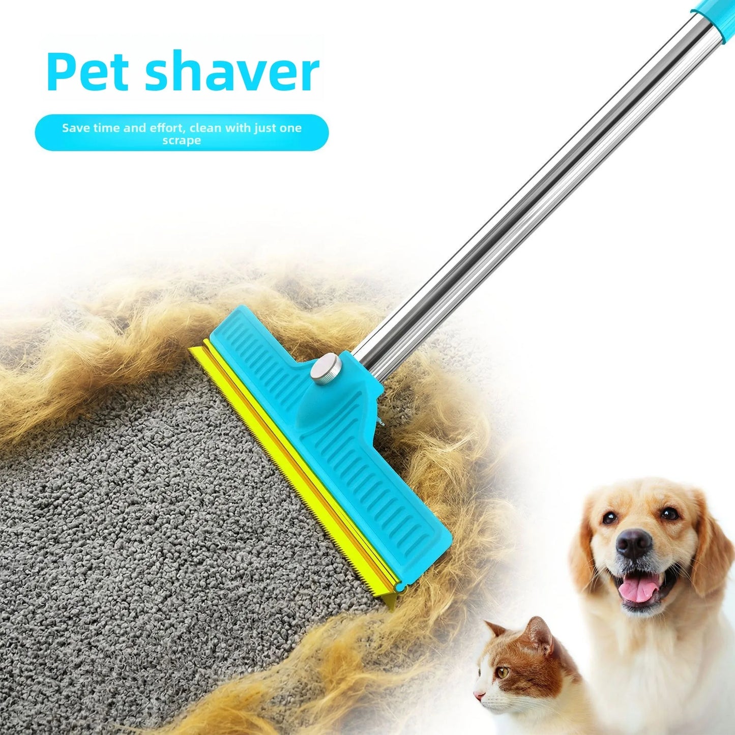 Pet Hair Removal Carpet Rake – Long Handle Rubber Broom & Stainless Steel Fur Remover for Dog and Cat Hair