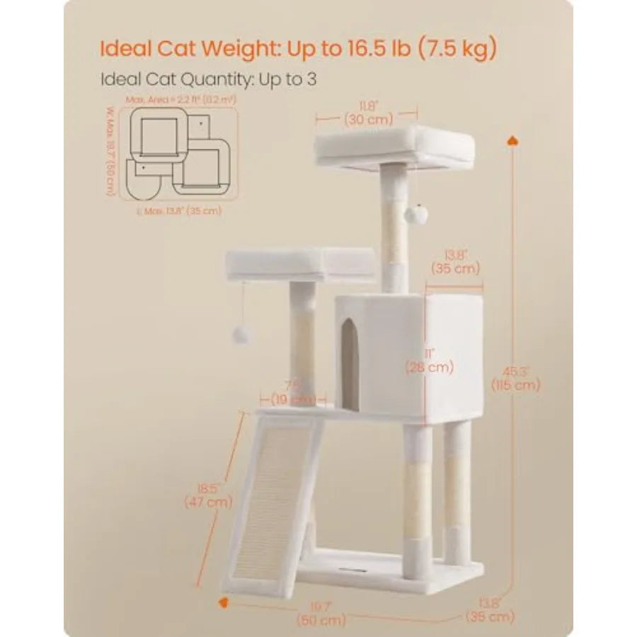 45.3-Inch Cat Tree Tower – Plush Cat Condo with Scratching Posts, Ramp, Perch & Spacious Cave for Indoor Cats, Cream White.