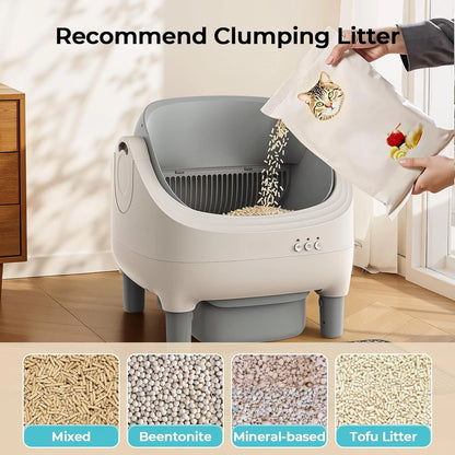 Automatic Self-Cleaning Cat Litter Box – App-Controlled Open-Top Design with Safety Sensors and Customizable Features.