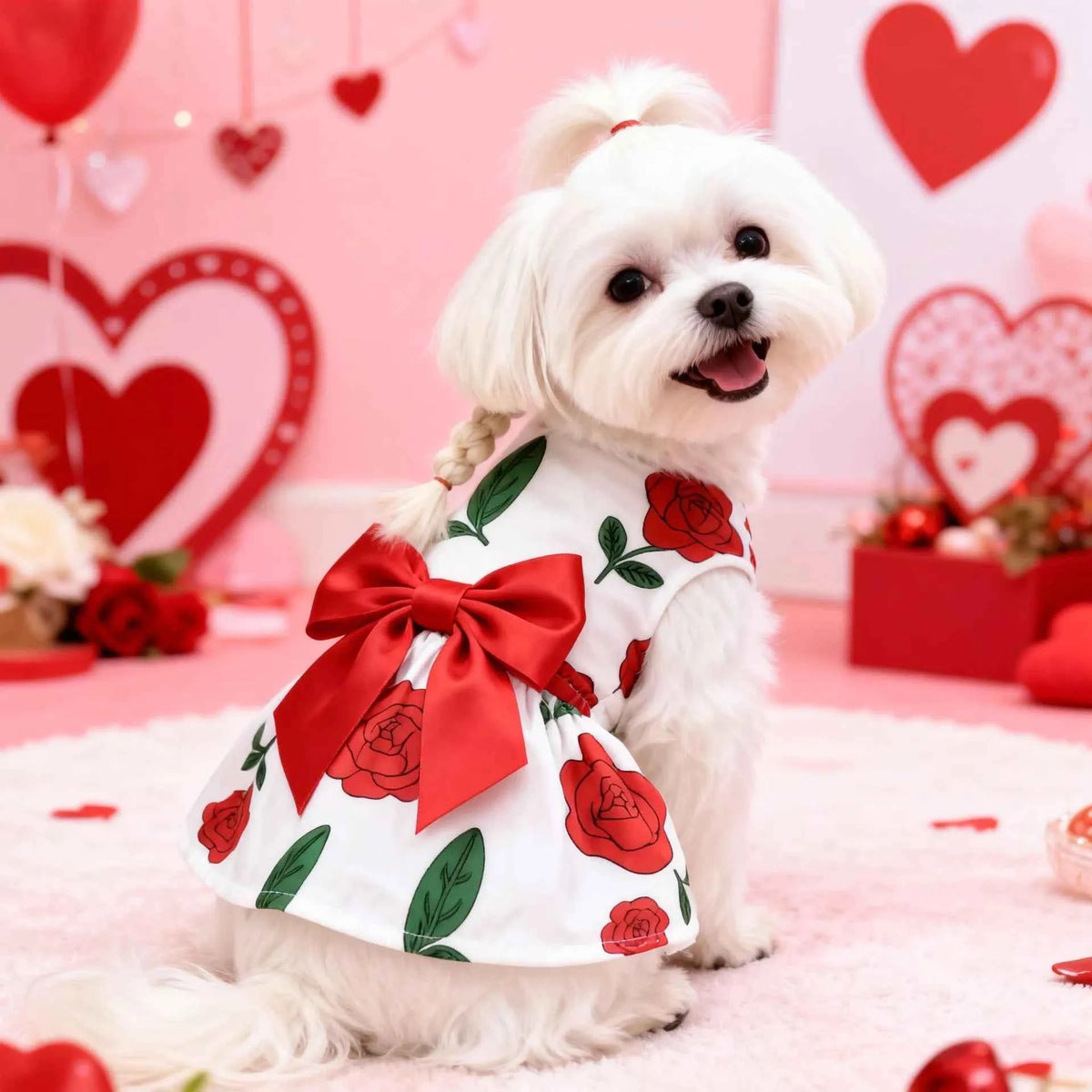 Rose Bow Pet Dress – Cute Love Balloon Print Holiday Outfit for Dogs & Cats, Lightweight Valentine’s Day Party Dress Clothing.